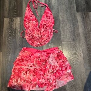 Vibrant Floral Halter Top and Skirt Set